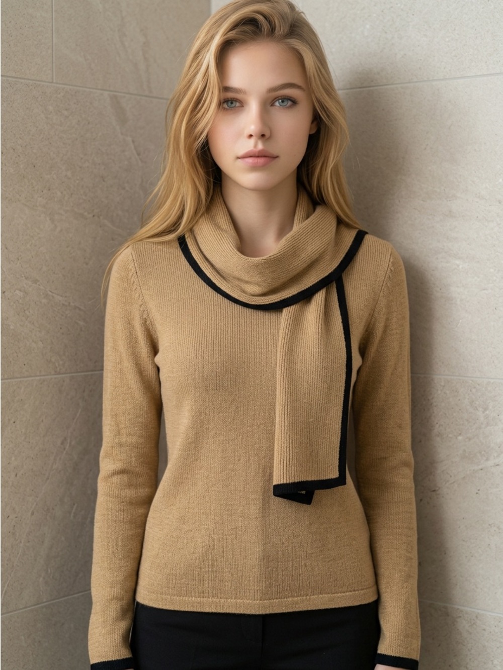 LOFT Camel Knit Sweater with Black Trim Scarf Collar
